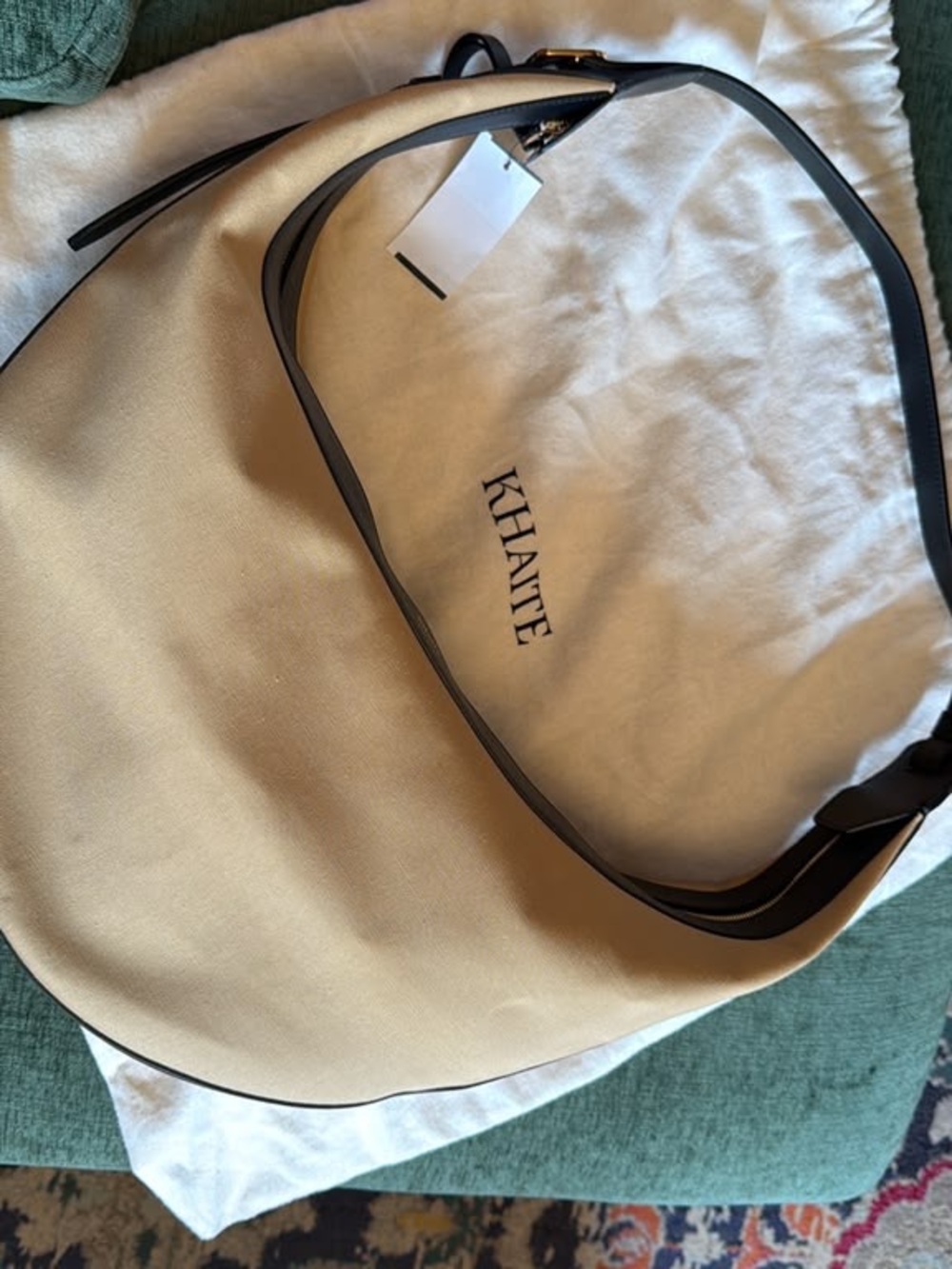 KHAITE Tan Canvas Crescent Bag with Black Leather Trim - Picture 7 of 7